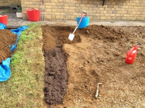 Farmyard manure and topsoil added, strip one done 